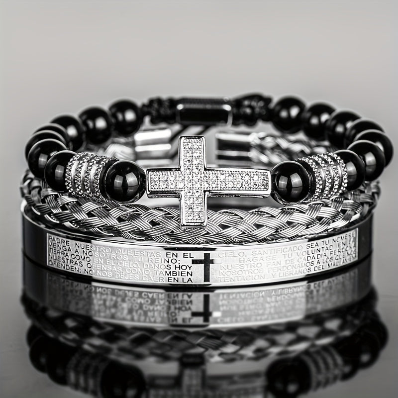 Men'S Bead Bracelet Set with Micro-Encrusted Cross, Woven Bracelet Spanish Bible Cross Bracelet Set European Vintage Style