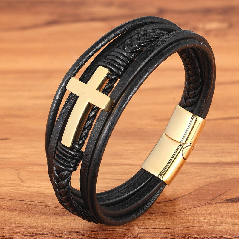 Cross Faux Leather Bracelet Magnetic Buckle Woven Religious Bangle Wristband for Men Jewelry Accessories Gifts