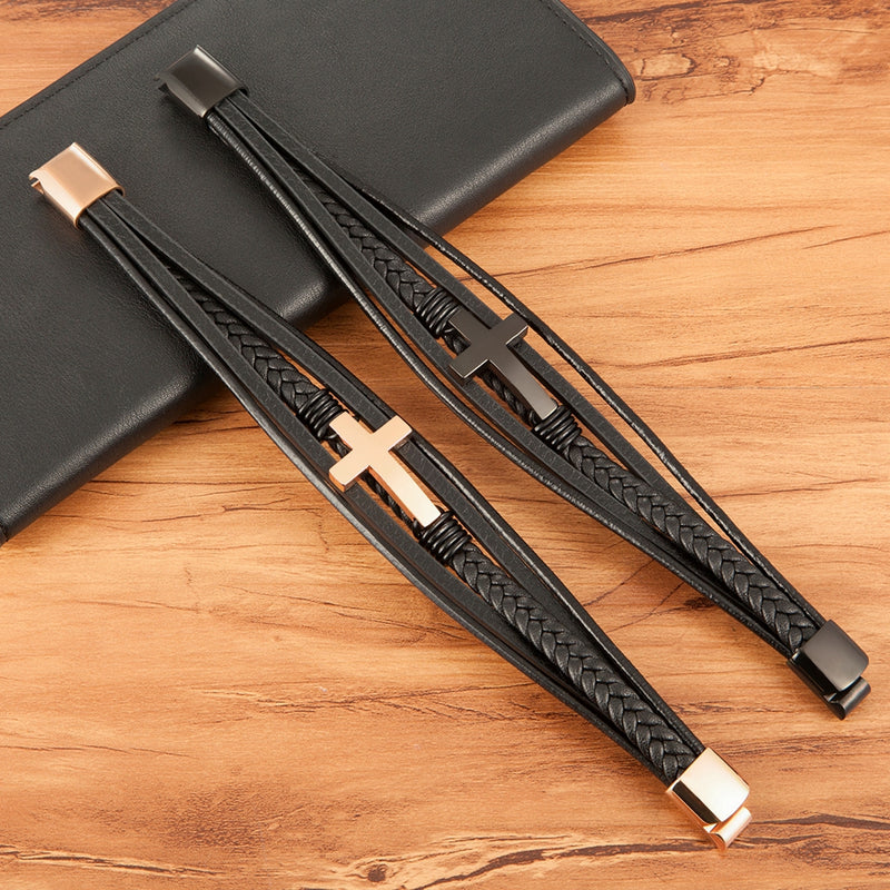 Cross Faux Leather Bracelet Magnetic Buckle Woven Religious Bangle Wristband for Men Jewelry Accessories Gifts