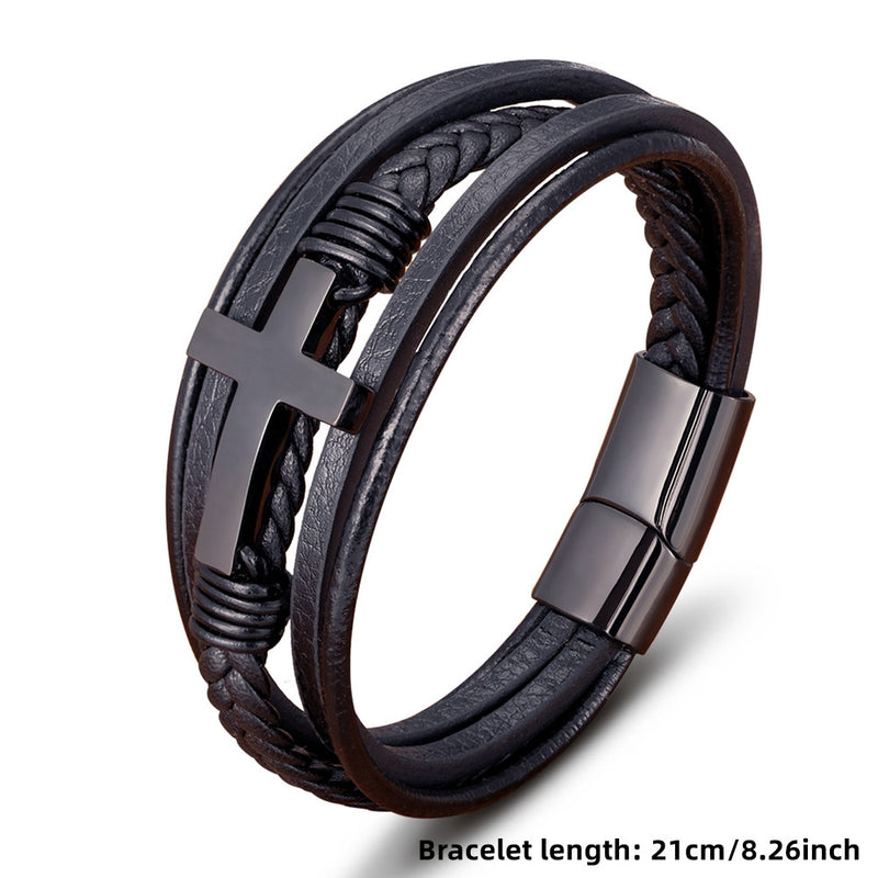 Cross Faux Leather Bracelet Magnetic Buckle Woven Religious Bangle Wristband for Men Jewelry Accessories Gifts