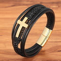 Cross Faux Leather Bracelet Magnetic Buckle Woven Religious Bangle Wristband for Men Jewelry Accessories Gifts