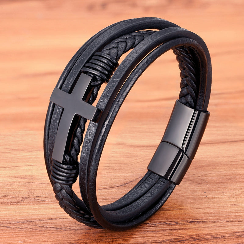 Cross Faux Leather Bracelet Magnetic Buckle Woven Religious Bangle Wristband for Men Jewelry Accessories Gifts
