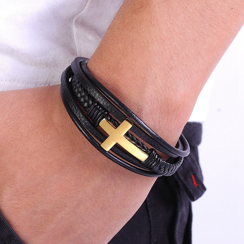 Cross Faux Leather Bracelet Magnetic Buckle Woven Religious Bangle Wristband for Men Jewelry Accessories Gifts
