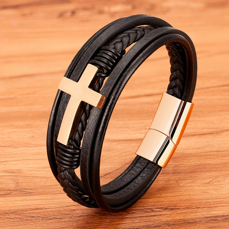 Cross Faux Leather Bracelet Magnetic Buckle Woven Religious Bangle Wristband for Men Jewelry Accessories Gifts