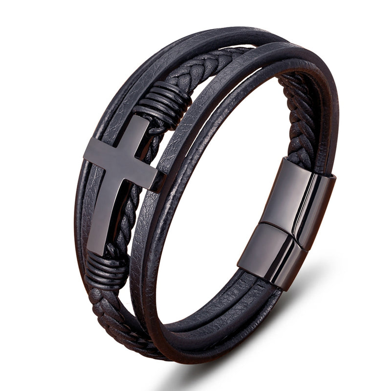 Cross Faux Leather Bracelet Magnetic Buckle Woven Religious Bangle Wristband for Men Jewelry Accessories Gifts