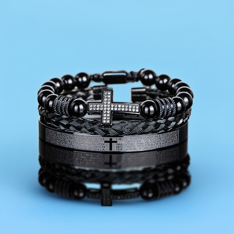 Men'S Bead Bracelet Set with Micro-Encrusted Cross, Woven Bracelet Spanish Bible Cross Bracelet Set European Vintage Style