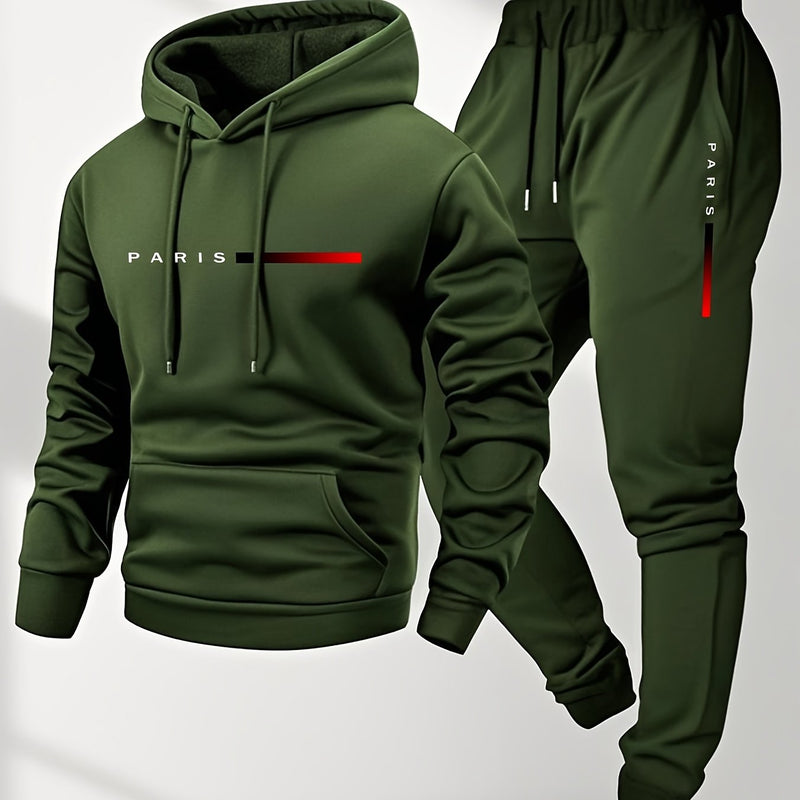 Men's Hoodie and Drawstring Sweatpants Set with PARIS Letter Print