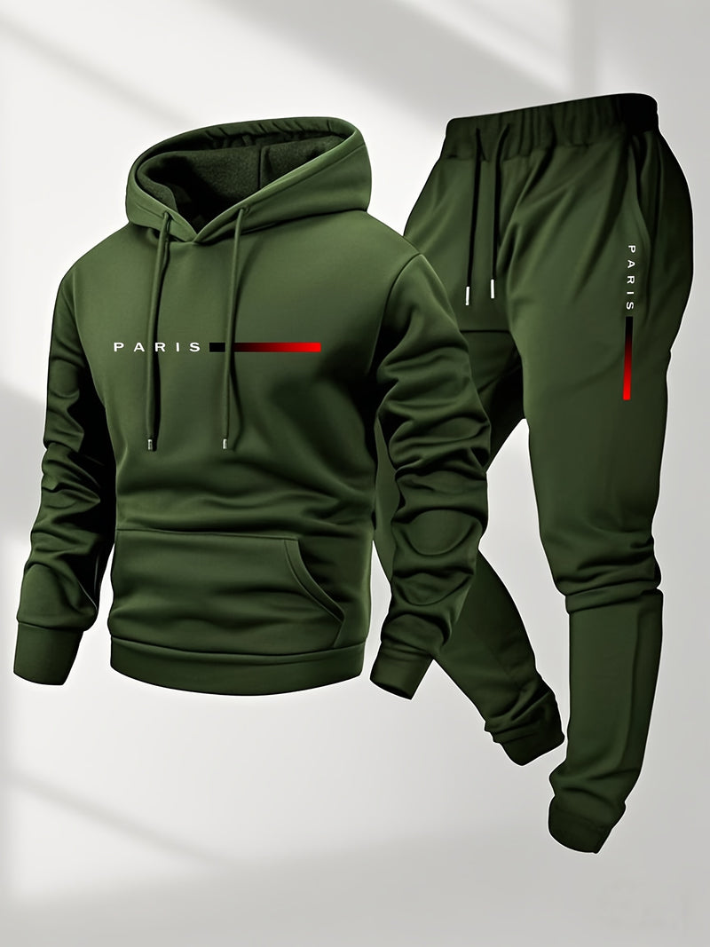 Men's Hoodie and Drawstring Sweatpants Set with PARIS Letter Print