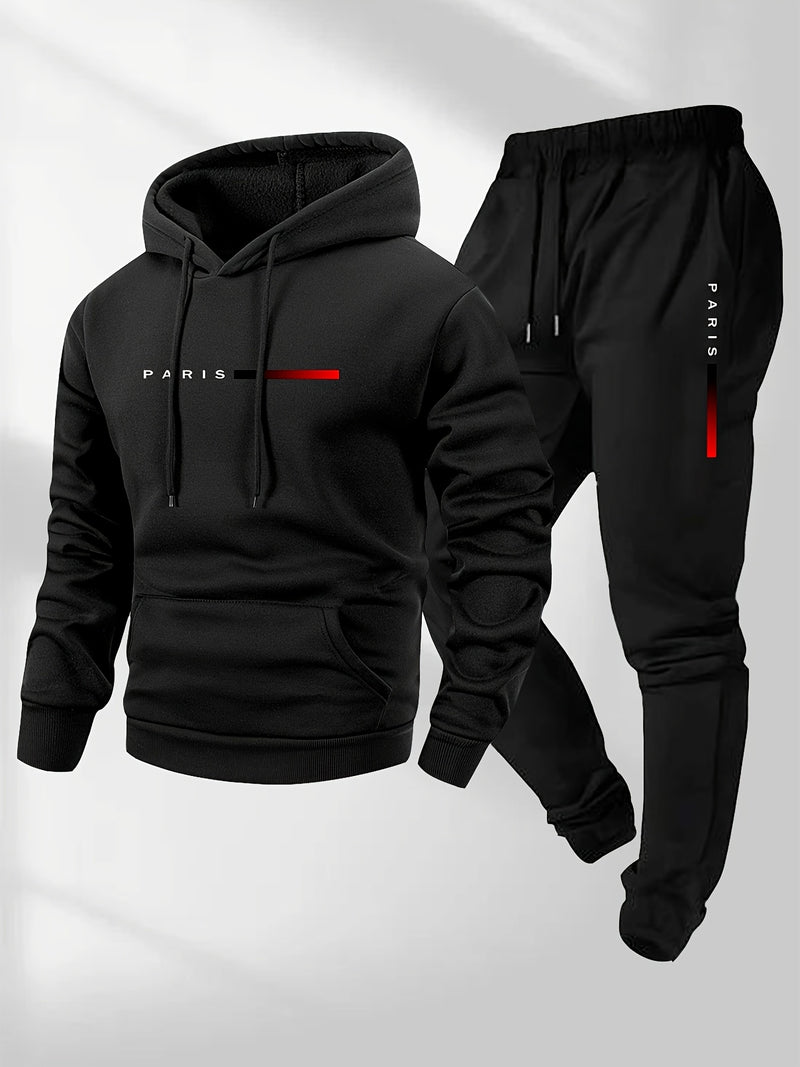 Men's Hoodie and Drawstring Sweatpants Set with PARIS Letter Print