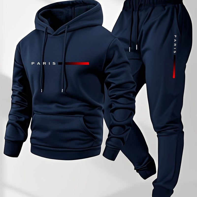 Men's Hoodie and Drawstring Sweatpants Set with PARIS Letter Print