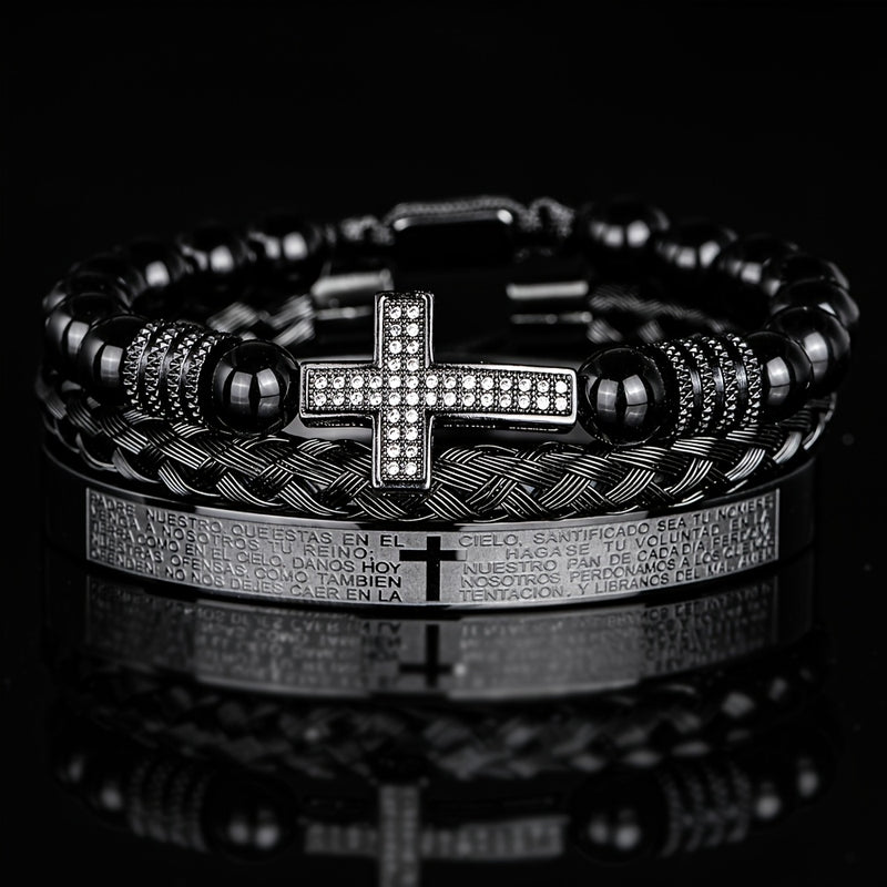 Men'S Bead Bracelet Set with Micro-Encrusted Cross, Woven Bracelet Spanish Bible Cross Bracelet Set European Vintage Style