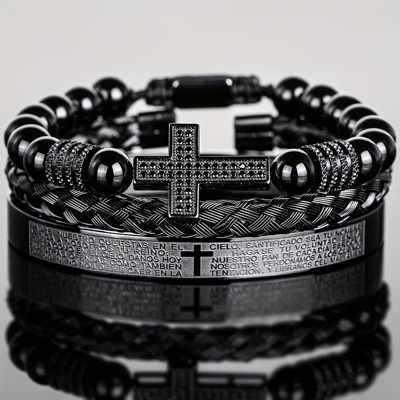 Men'S Bead Bracelet Set with Micro-Encrusted Cross, Woven Bracelet Spanish Bible Cross Bracelet Set European Vintage Style