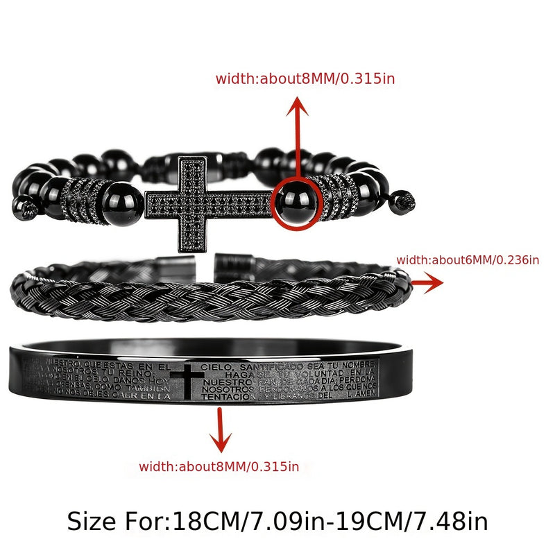 Men'S Bead Bracelet Set with Micro-Encrusted Cross, Woven Bracelet Spanish Bible Cross Bracelet Set European Vintage Style