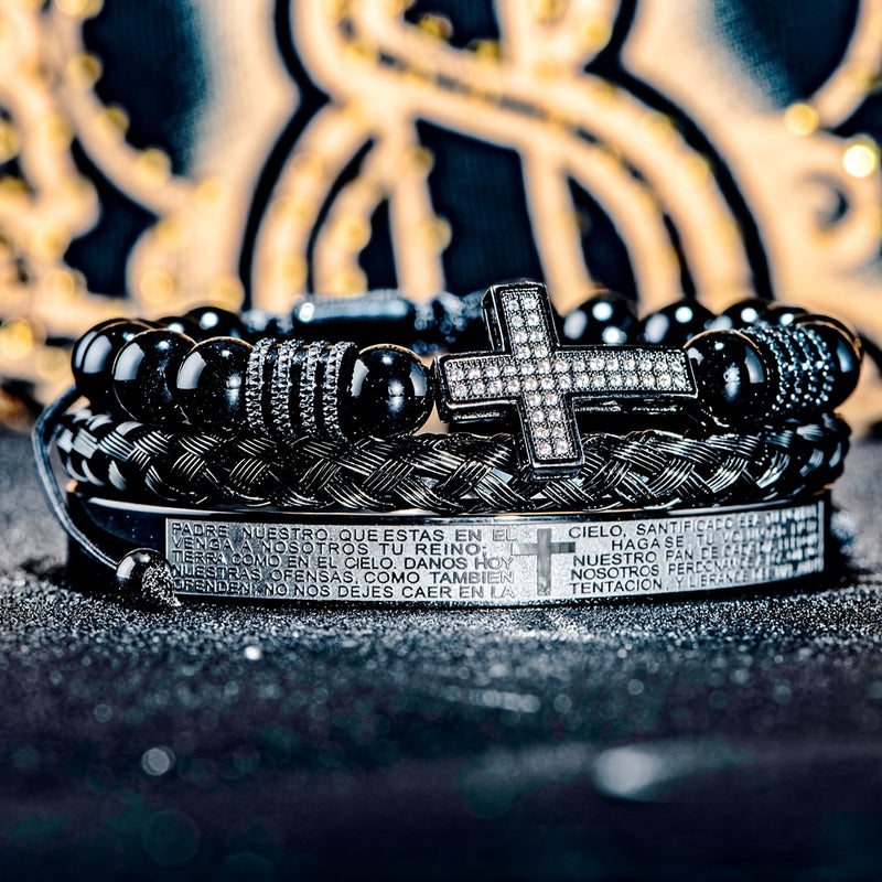 Men'S Bead Bracelet Set with Micro-Encrusted Cross, Woven Bracelet Spanish Bible Cross Bracelet Set European Vintage Style