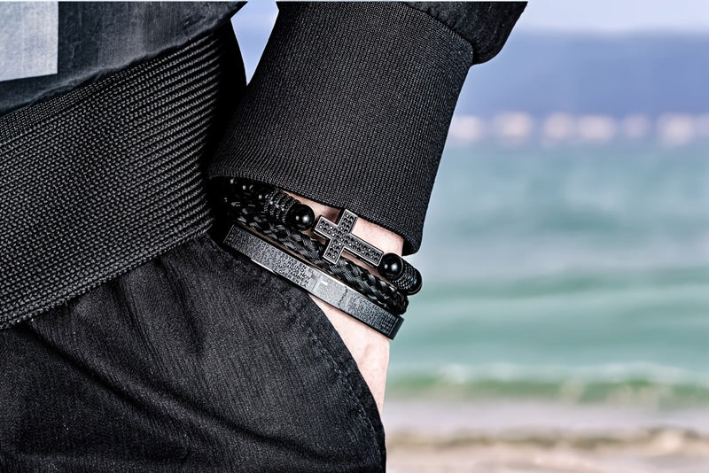 Men'S Bead Bracelet Set with Micro-Encrusted Cross, Woven Bracelet Spanish Bible Cross Bracelet Set European Vintage Style