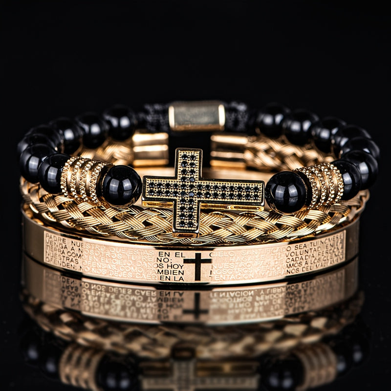 Men'S Bead Bracelet Set with Micro-Encrusted Cross, Woven Bracelet Spanish Bible Cross Bracelet Set European Vintage Style