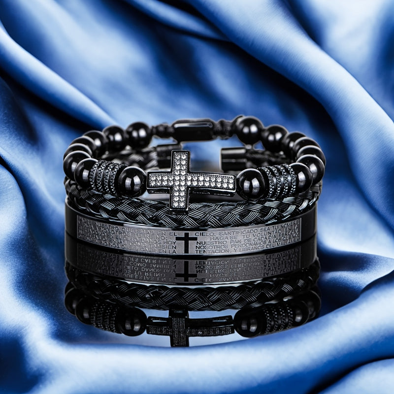 Men'S Bead Bracelet Set with Micro-Encrusted Cross, Woven Bracelet Spanish Bible Cross Bracelet Set European Vintage Style
