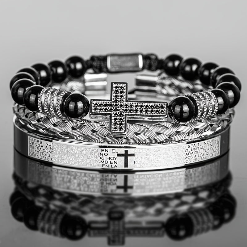 Men'S Bead Bracelet Set with Micro-Encrusted Cross, Woven Bracelet Spanish Bible Cross Bracelet Set European Vintage Style