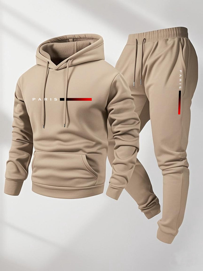Men's Hoodie and Drawstring Sweatpants Set with PARIS Letter Print