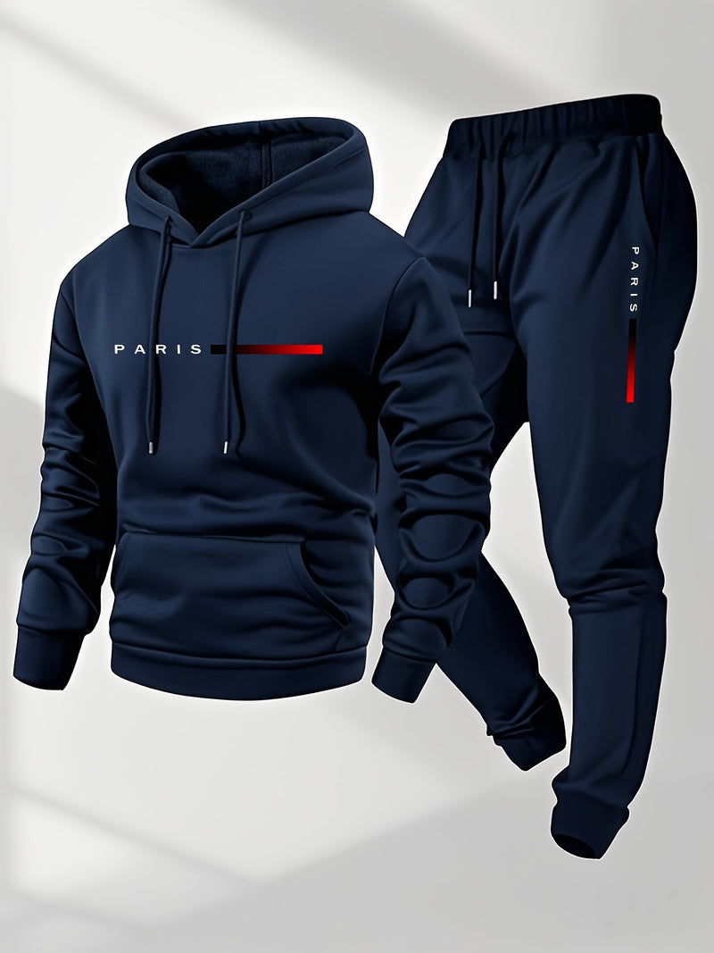 Men's Hoodie and Drawstring Sweatpants Set with PARIS Letter Print