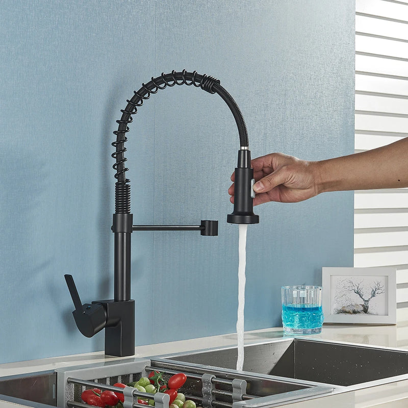 Robinet de cuisine en Nickel brossé, robinet d'évier à une poignée, robinet d'eau chaude et froide à ressort, pulvérisateur à jet monté sur le pont en acier inoxydable