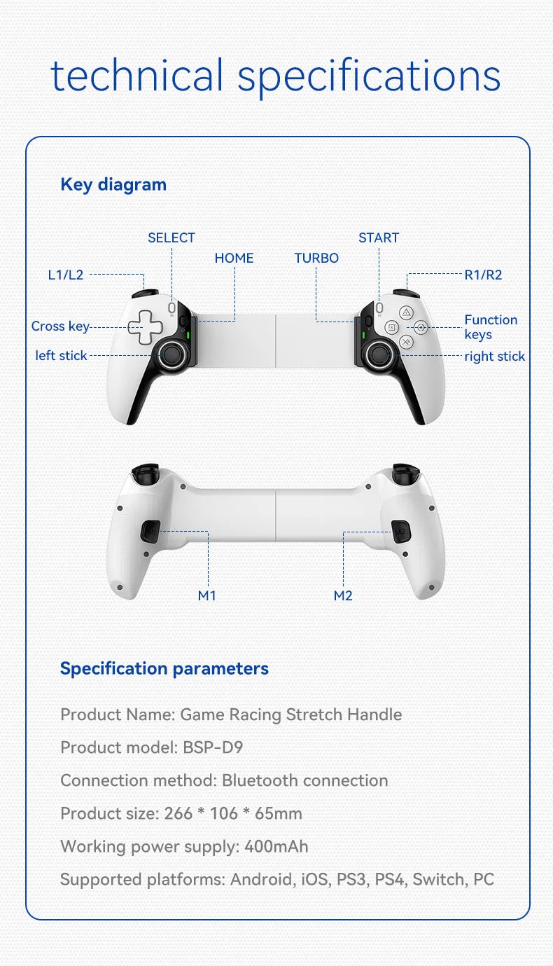 Manette de jeu télescopique pour téléphone portable D9, pour Android IOS PS3 PS4 Switch ios avec Turbo/6 axes/Vibration
