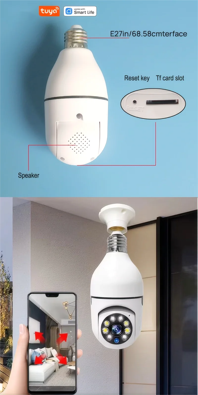 Tuya maison intelligente 2.4G E27 ampoule Wifi caméra de Surveillance HD nuit sécurité vidéo Surveillance Supprt Audio bidirectionnel mouvement Mobile