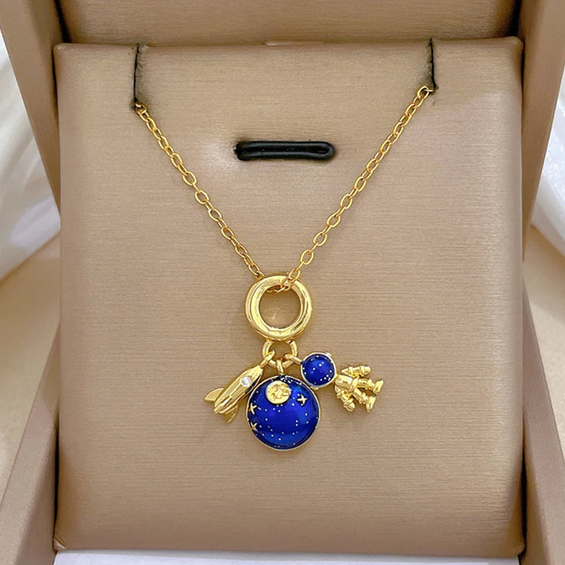 Collier de la série Star Series en acier au titane pour femme, pendentif planète lune et astronome, colliers de la présidence, cadeaux de bijoux, document doré, luxe abordable