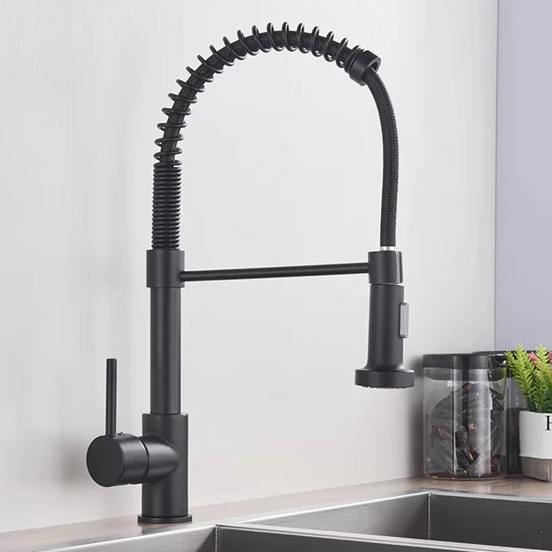 Robinet de cuisine en Nickel brossé, robinet d'évier à une poignée, robinet d'eau chaude et froide à ressort, pulvérisateur à jet monté sur le pont en acier inoxydable