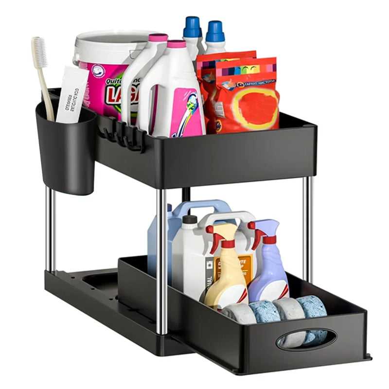Organisateur sous évier à 2 niveaux, armoire coulissante, panier, support de rangement avec crochets, tasse suspendue, organisateur de salle de bains et de cuisine