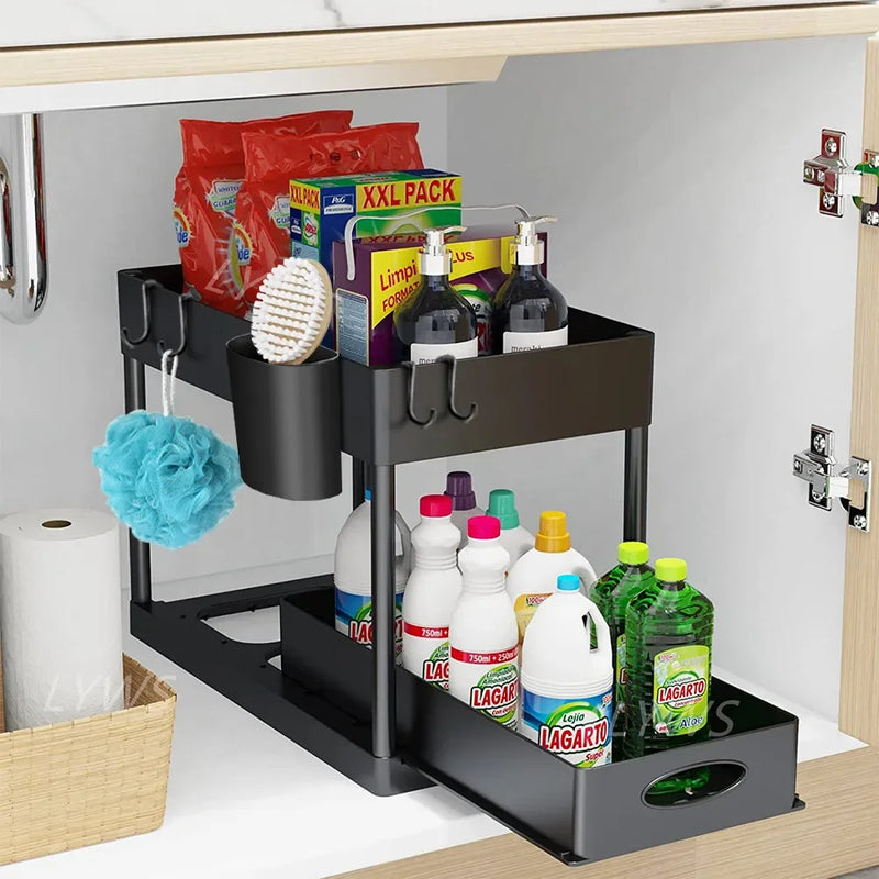 Organisateur sous évier à 2 niveaux, armoire coulissante, panier, support de rangement avec crochets, tasse suspendue, organisateur de salle de bains et de cuisine