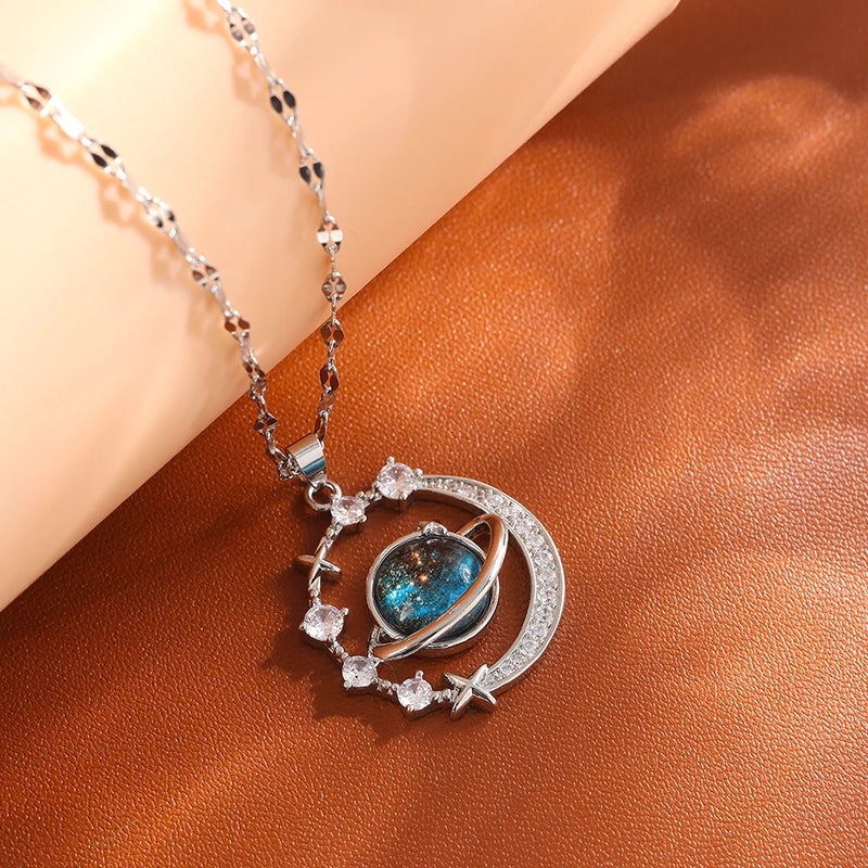 Collier de la série Star Series en acier au titane pour femme, pendentif planète lune et astronome, colliers de la présidence, cadeaux de bijoux, document doré, luxe abordable
