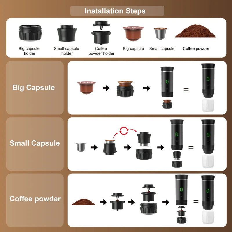 Machine à café expresso électrique Portable sans fil, pour voiture et maison, Camping, 3 en 1, capsules de poudre, cafetière de voyage
