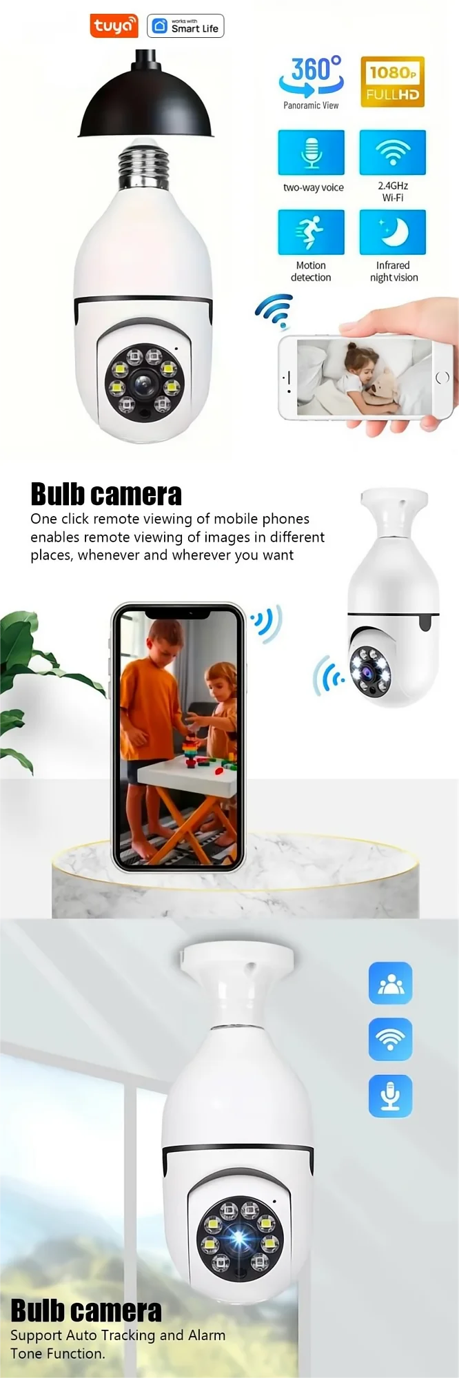 Tuya maison intelligente 2.4G E27 ampoule Wifi caméra de Surveillance HD nuit sécurité vidéo Surveillance Supprt Audio bidirectionnel mouvement Mobile