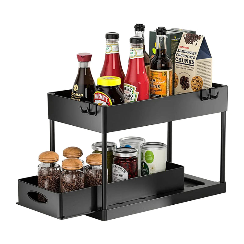 Organisateur sous évier à 2 niveaux, armoire coulissante, panier, support de rangement avec crochets, tasse suspendue, organisateur de salle de bains et de cuisine