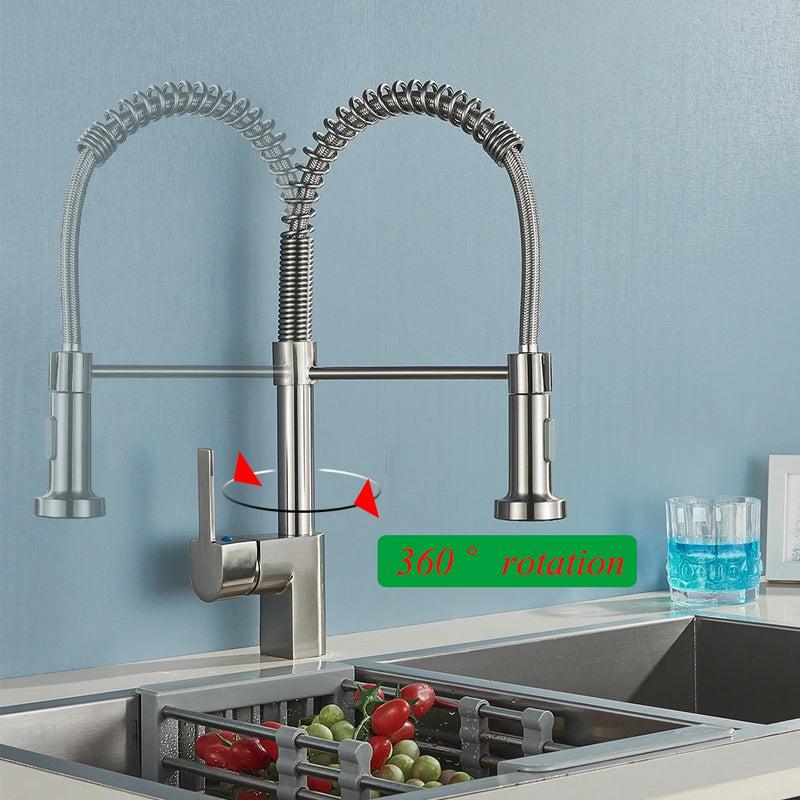 Robinet de cuisine en Nickel brossé, robinet d'évier à une poignée, robinet d'eau chaude et froide à ressort, pulvérisateur à jet monté sur le pont en acier inoxydable