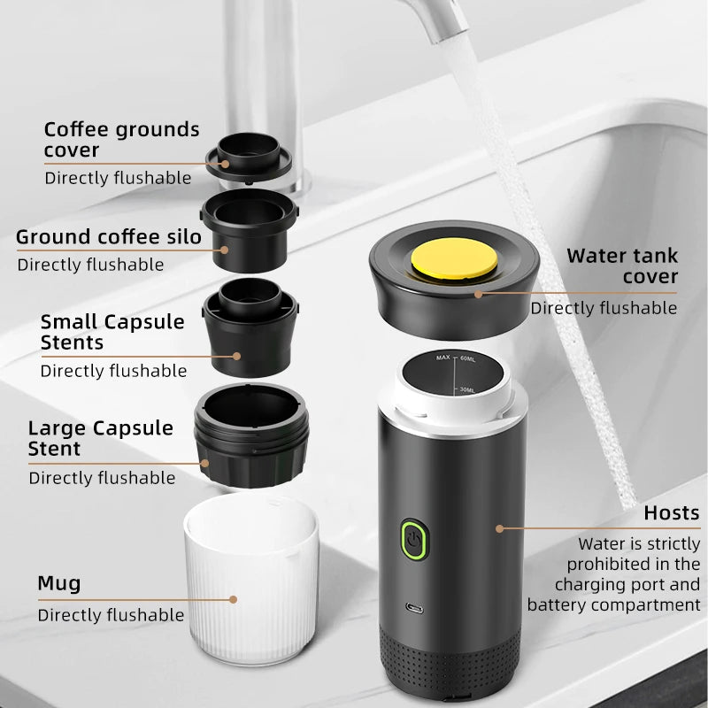 Machine à café expresso électrique Portable sans fil, pour voiture et maison, Camping, 3 en 1, capsules de poudre, cafetière de voyage