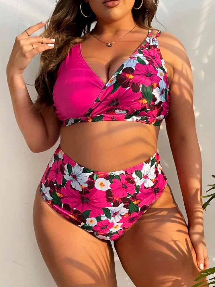 2023 grande taille à volants Bikini maillot de bain floral femmes garniture cravate avant maillot de bain femme taille haute natation maillot de bain
