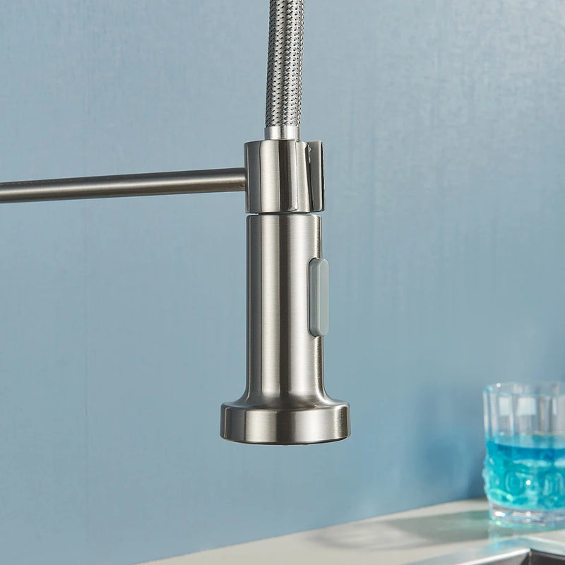 Robinet de cuisine en Nickel brossé, robinet d'évier à une poignée, robinet d'eau chaude et froide à ressort, pulvérisateur à jet monté sur le pont en acier inoxydable