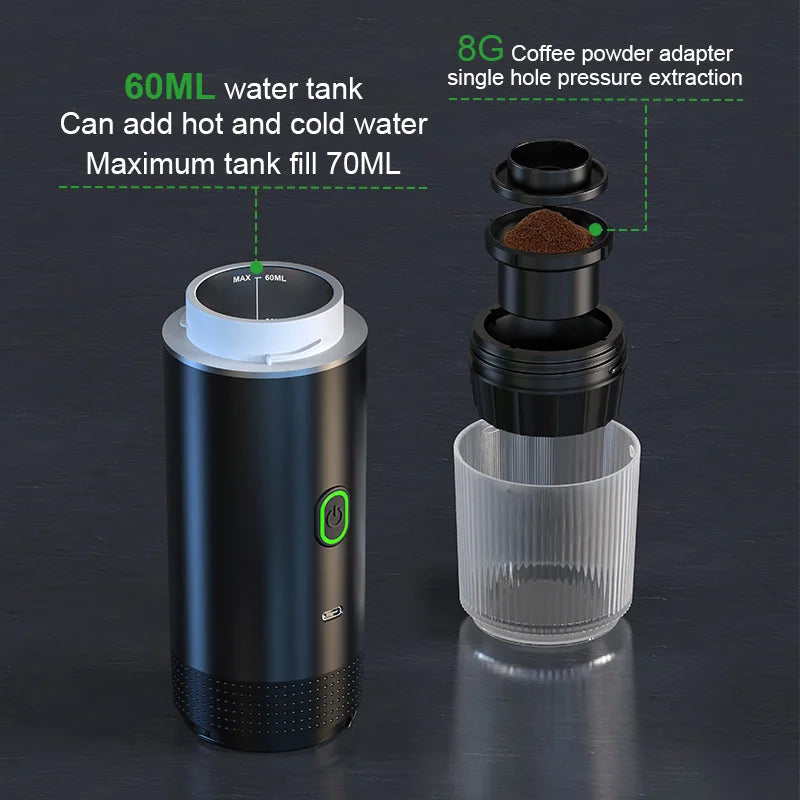 Machine à café expresso électrique Portable sans fil, pour voiture et maison, Camping, 3 en 1, capsules de poudre, cafetière de voyage