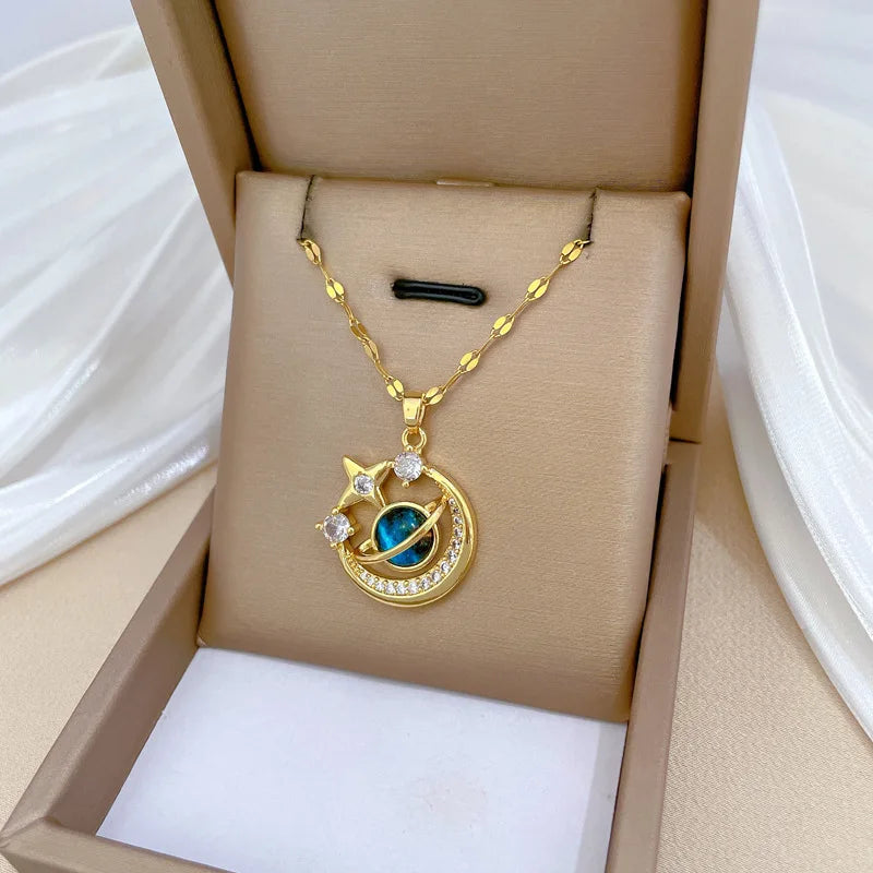 Collier de la série Star Series en acier au titane pour femme, pendentif planète lune et astronome, colliers de la présidence, cadeaux de bijoux, document doré, luxe abordable