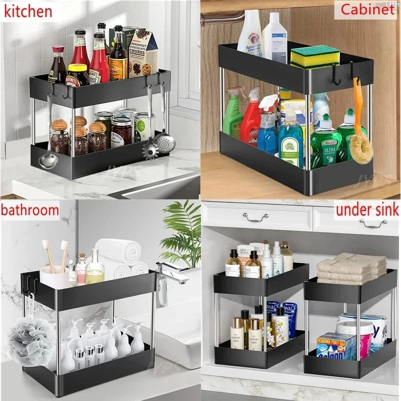 Organisateur sous évier à 2 niveaux, armoire coulissante, panier, support de rangement avec crochets, tasse suspendue, organisateur de salle de bains et de cuisine