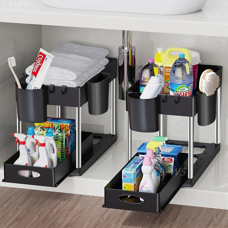 Organisateur sous évier à 2 niveaux, armoire coulissante, panier, support de rangement avec crochets, tasse suspendue, organisateur de salle de bains et de cuisine