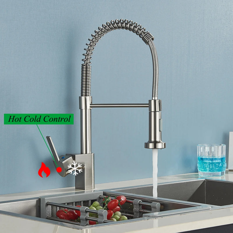 Robinet de cuisine en Nickel brossé, robinet d'évier à une poignée, robinet d'eau chaude et froide à ressort, pulvérisateur à jet monté sur le pont en acier inoxydable