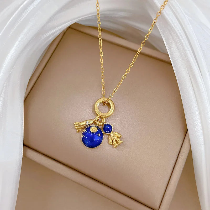 Collier de la série Star Series en acier au titane pour femme, pendentif planète lune et astronome, colliers de la présidence, cadeaux de bijoux, document doré, luxe abordable