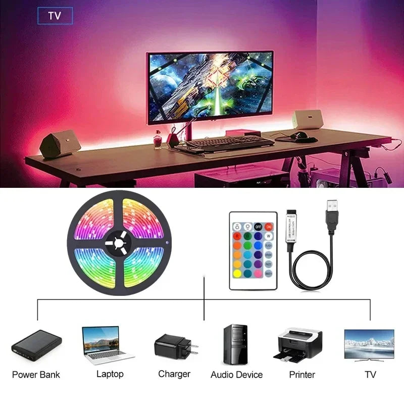 Bande lumineuse LED USB flexible pour la décoration de la chambre, diode de rétroéclairage TV, ruban de lampe, document proxy, 5050 RVB