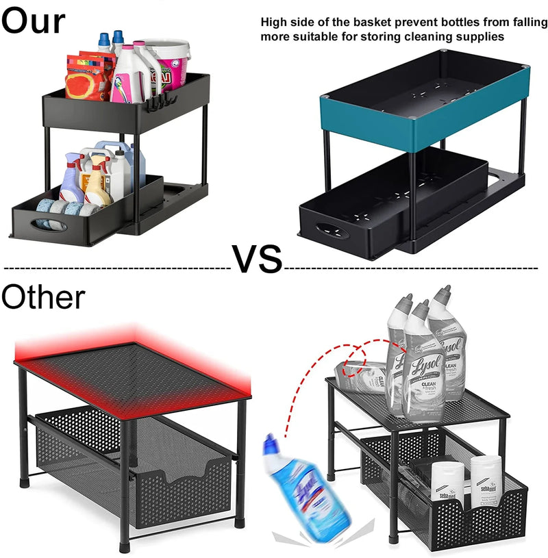 Organisateur sous évier à 2 niveaux, armoire coulissante, panier, support de rangement avec crochets, tasse suspendue, organisateur de salle de bains et de cuisine