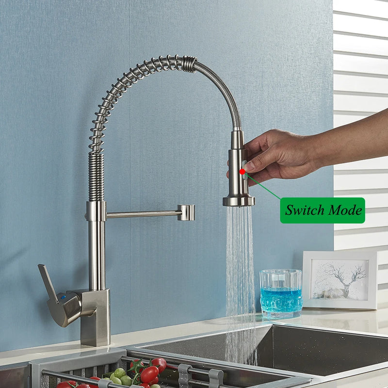 Robinet de cuisine en Nickel brossé, robinet d'évier à une poignée, robinet d'eau chaude et froide à ressort, pulvérisateur à jet monté sur le pont en acier inoxydable