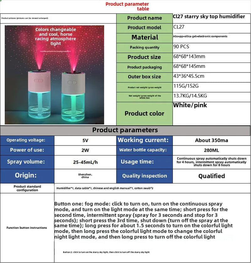 Dispositif de Projection d'étoiles, humidificateur d'air ultrasonique USB pour voiture, nébuliseur hydratant domestique