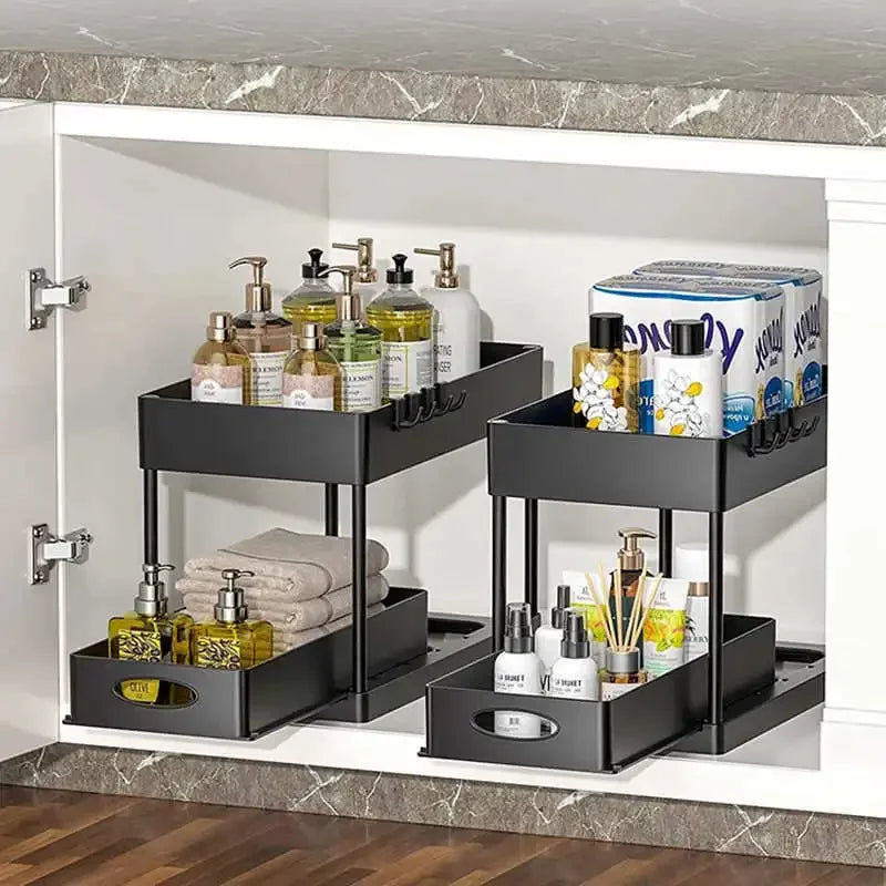 Organisateur sous évier à 2 niveaux, armoire coulissante, panier, support de rangement avec crochets, tasse suspendue, organisateur de salle de bains et de cuisine